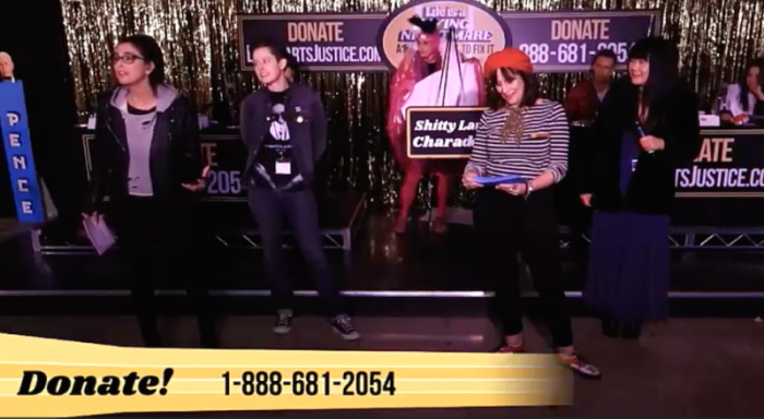 Comedian Sarah Silverman (L) speaks at a telethon for Lady Parts Justice, Feb. 1, 2018.