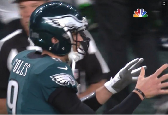 Philadelphia Eagles QB Nick Foles is spotted wearing a WWJD bracelet during Super Bowl LII on February 4, 2018.