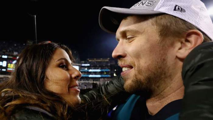 Philadelphia Eagles quarterback Nick Foles pictured with wife Tori Foles after winning Super Bowl LII on February 4, 2018.