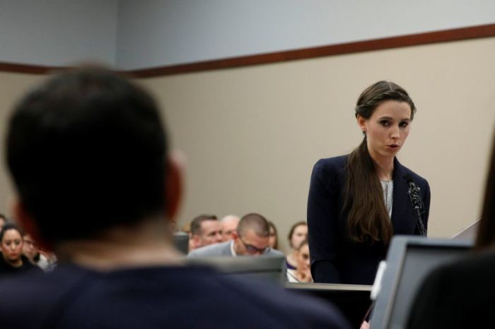 Victim Rachael Denhollander speaks at the sentencing hearing for Larry Nassar, a former team USA Gymnastics doctor who pleaded guilty in November 2017 to sexual assault charges, in Lansing, Michigan, U.S., January 24, 2018.