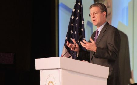 United States Ambassador at-Large for International Religious Freedom Sam Brownback speaks at the "Alliance of Virtue" conference at the Marriott Marquis in Washington, D.C. on Feb. 6, 2018.