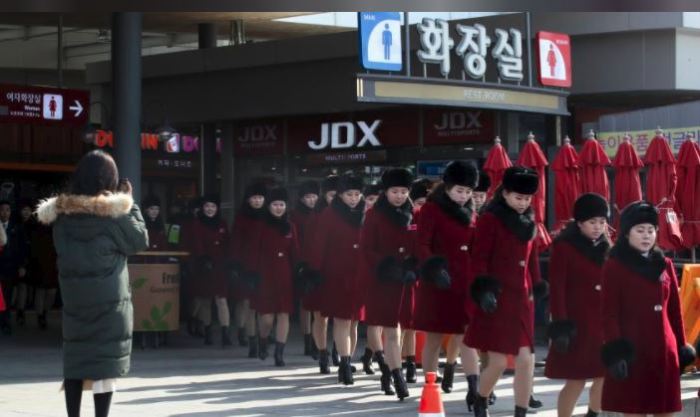 North Korea's cheering squad arrives at Gapyeong, South Korea on Feb. 7