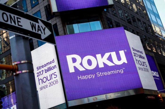 A video sign displays the logo for Roku Inc in Times Square after the company's IPO at the Nasdaq Market in New York, U.S., September 28, 2017.