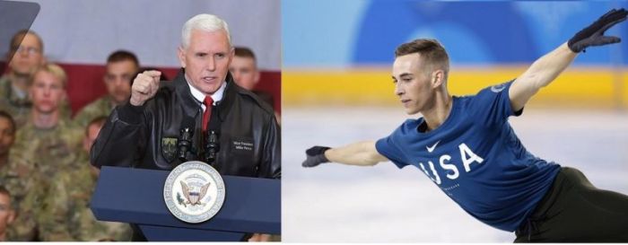 (L) U.S. Vice President Mike Pence arrives on stage to address troops in a hangar at Bagram Air Field in Afghanistan on December 21, 2017. (R) Adam Rippon of the U.S. trains ahead of the Pyeongchang 2018 Winter Olympics on February 8, 2018.