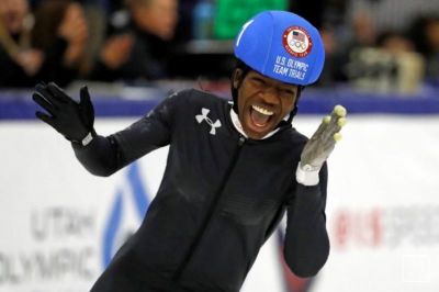 Dec 16, 2017; Kerns, UT, USA; Maame Biney (1) reacts to winning the A Final of the 500-meter race qualifying her for a spot on the U.S. Olympic Team at Utah Olympic Oval.