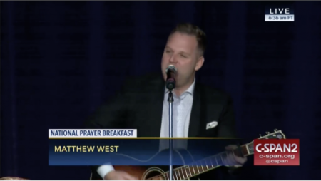 Matthew West performs "Grace Wins" at the 66th annual National Prayer Breakfast in Washington, D.C. on February 8, 2018.