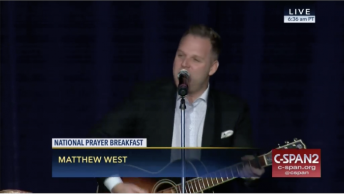 Matthew West performs 'Grace Wins' at the 66th annual National Prayer Breakfast in Washington, D.C. on February 8, 2018.