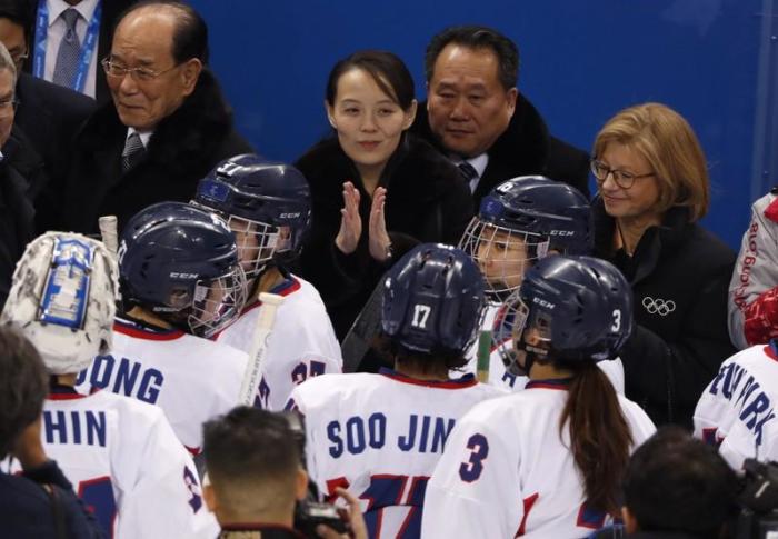 North Korean dictator Kim Jong-Un's sister, Kim Yo Jong, claps next to Kim Yong Nam during a Korean women's ice hockey preliminary round match against Switzerland in Gangneung, South Korea on Feb. 10, 2018.
