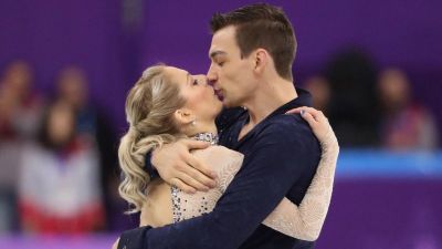 Figure skaters Alexa Scimeca Knierim and Chris Knierim of the United States compete in a team pair event at the 2018 Winter Olympics in Gangneung, South Korea on Feb. 9, 2018.