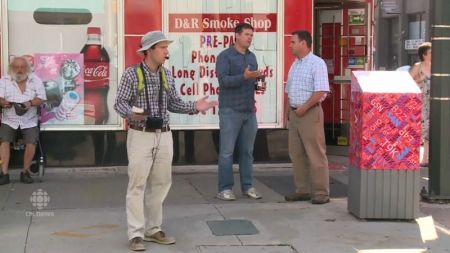 Canadian street preachers Steven Ravbar and Matthew Carapella in London, Ontario, in a CBC News video published in February 2018.