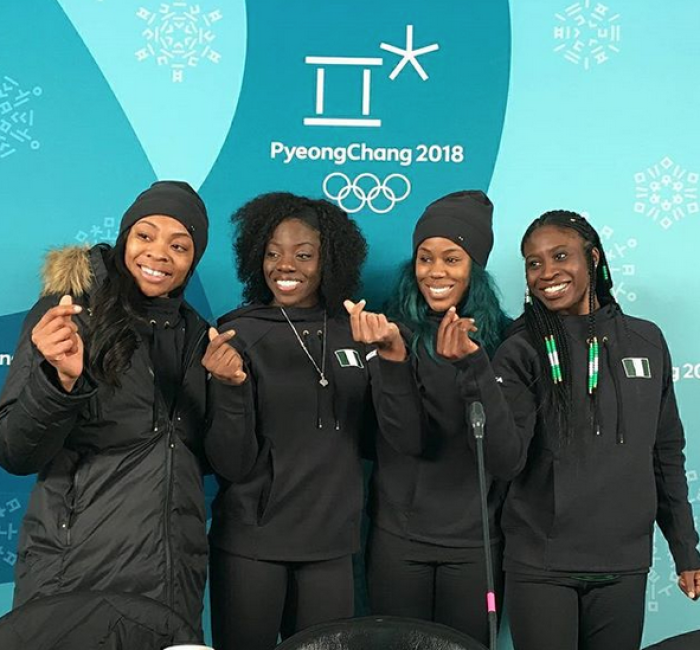 (L-R) Ngozi Onwumere, Seun Adigun, Akuoma Omeoga and Simidele Adeagbo are members of the Nigerian bobsled team competing at the 2018 Winter Olympics.