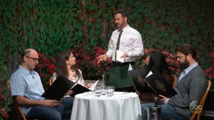 Jimmy Kimmel portraying a waiter in an a skit on February 9, 2018.