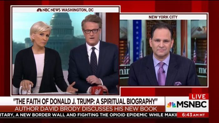 MSNBC's 'Morning Joe' hosts Mika Brzezinski (L) and Joe Scarborough (R) speaking with author David Brody on February 13, 2018.
