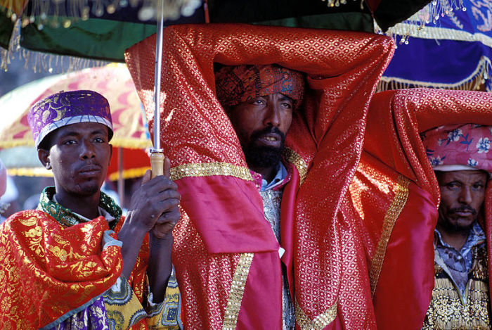 A priest of the Ethiopian Orthodox Church is holding a Tabot in a Timket (Epiphany) ceremony at Gondar, Ethiopia in this undated photo.