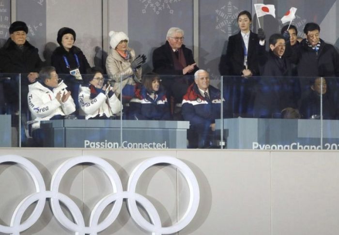 U.S. Vice President Mike Pence, President of South Korea Moon Jae-in, his wife Kim Jung-Sook, President of the Presidium of the Supreme People's Assembly of North Korea Kim Young Nam, Kim Yo Jong, the sister of North Korea's leader Kim Jong Un, German President Frank-Walter Steinmeier, and Japan's Prime Minister Shinzo Abe watch during the opening ceremony of the 2018 Winter Olympics in Pyeongchang, South Korea on Feb. 9, 2018.
