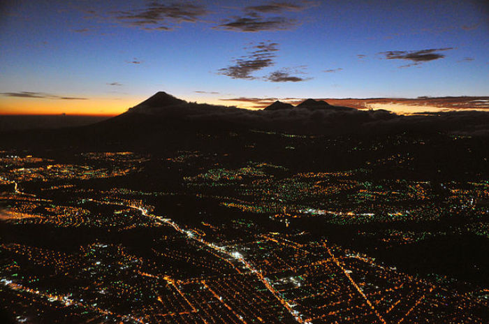 Aerial view of Guatemala City at night.