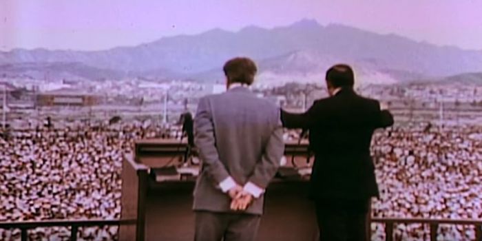 Billy Graham, with the assistance of translator Billy Kim, preaches to an estimated 1.1 million people in Seoul, South Korea on Sunday, June 3, 1973.