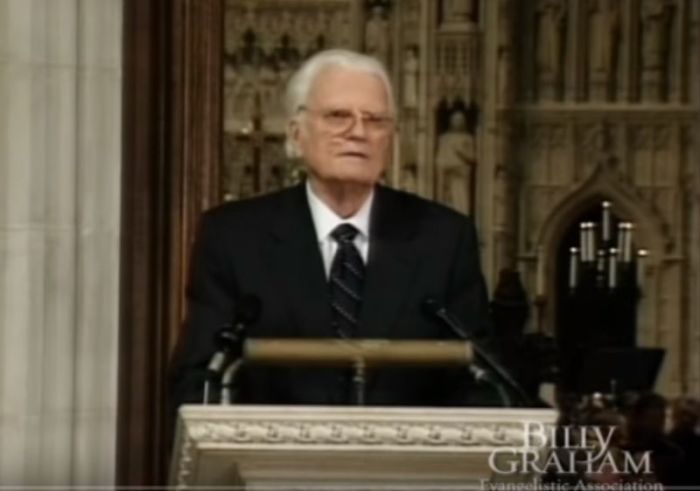 The Reverend Billy Graham preaching at the 9/11 memorial service held at Washington National Cathedral on Friday, Sept. 14, 2001.