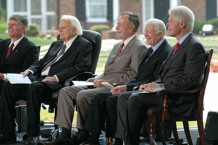 Franklin Graham (L), followed by Billy Graham, and former presidents George H.W. Bush, Jimmy Carter, and Bill Clinton in this undated photo.