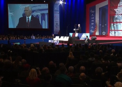 Vice President Mike Pence gives remarks at the Conservative Political Action Conference at the Gaylord National Resort & Convention Center in National Harbor, Maryland on Thursday, February 22, 2018.