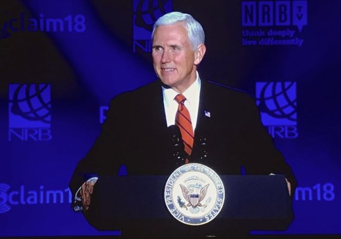 Vice President Mike Pence speaks at the National Religious Broadcasters 75th Annual Convention in Nashville, Feb. 27, 2018.