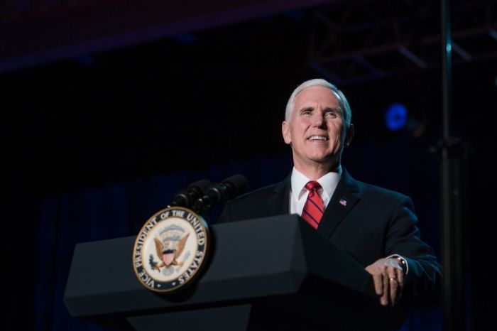 Vice President Mike Pence speaks at the National Religious Broadcasters' 75th annual meeting in Nashville, Tennessee on February 27, 2018.