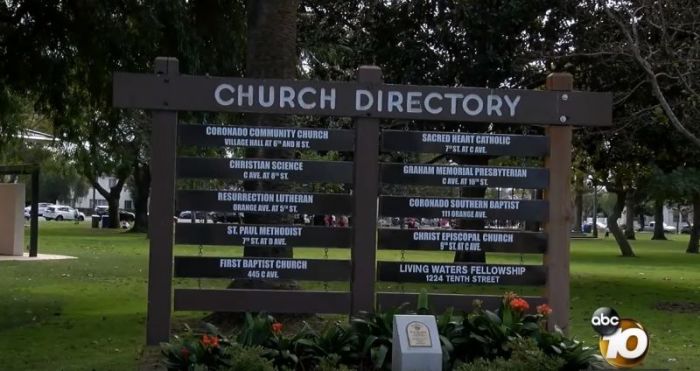 The church directory sign at Coronado, California. In February of 2018, the mayor agreed to remove the sign due to complaints over only Christian churches being mentioned.