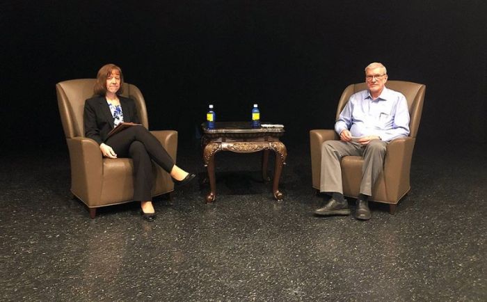 Georgia Purdom (L) and Ken Ham (R) get ready for the Q&A session at the University of Central Oklahoma on March 5, 2018.