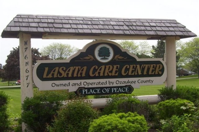 A sign at the Ozaukee County-owned Lasata Care Center in Wisconsin.