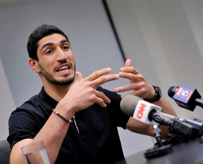 Turkish NBA player Enes Kanter speaks about the revocation of his Turkish passport and return to the United States at National Basketball Players Association headquarters in New York, U.S. on May 22, 2017.