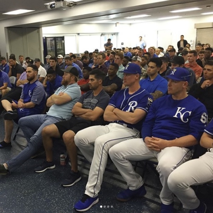 Members of the Kansas City Royals look on at a presentation from the anti-pornography nonprofit Fight the New Drug in early March 2017 in Surprise, Arizona.