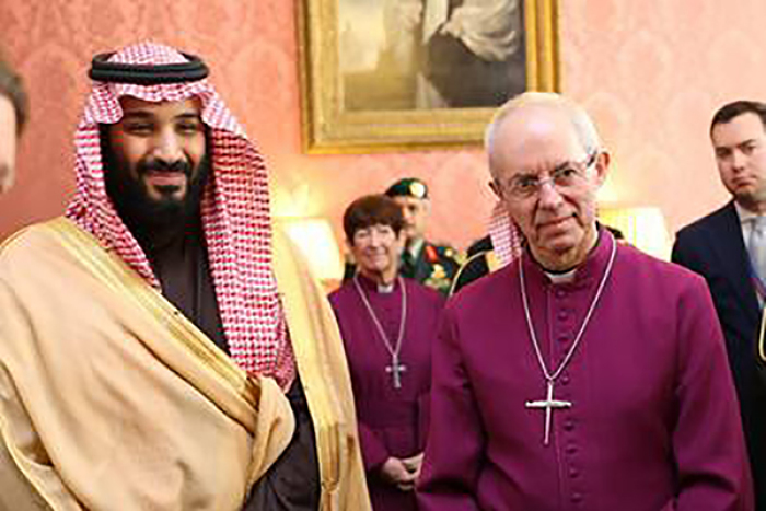 Archbishop Justin Welby meets with Saudi Crown Prince Mohammed bin Salman to discuss religious freedom at Lambeth Palace, London, England, on March 8, 2018.
