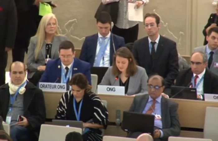 Jacqueline Brunson (center) speaking on behalf of the European Center for Law and Justice at the U.N. Human Rights Council in Geneva on March 9, 2018.