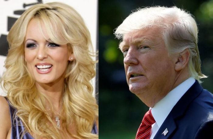 Pornographic film actress Stephanie Clifford, known professionally as Stormy Daniels (L) and President Donald Trump (R).