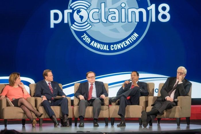 Marjorie Dannenfelser, Tony Perkins, Todd Starnes, Larry Elder, and Dennis Prager participate in a panel session on online censorship at Proclaim 18, the National Religious Broadcasters' (NRB) International Christian Media Convention in Nashville, Tennessee, on March 2, 2018.