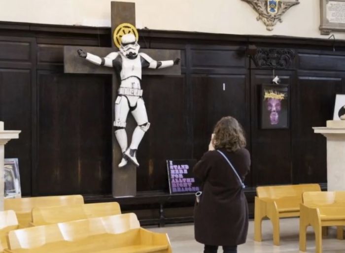 Ryan Callanan's 'Stormtrooper Crucifixion' on display at the St. Stepehen Walbrook Church in London, England in March 2018.