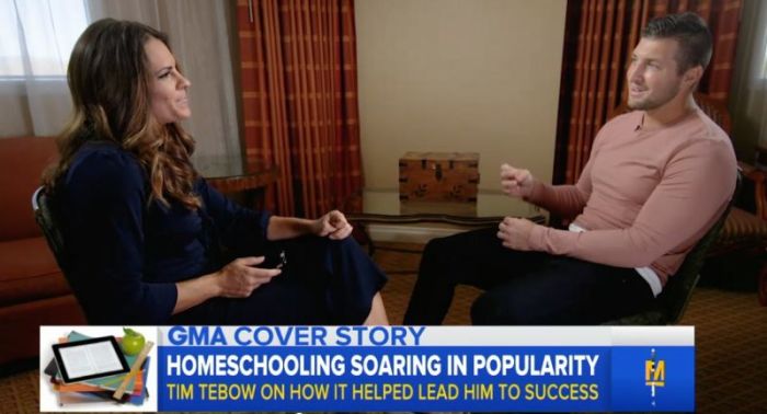 Tim Tebow speaking with two-time Olympic medalist Jessica Mendoza as part of a series on homeschooling for ABC News' 'Good Morning America,' published on March 15, 2018.