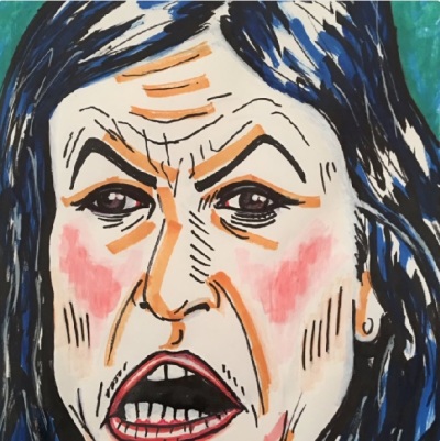 A painting by comedian Jim Carrey that was posted to Twitter in March 2018. The subject of the portrait is believed to be White House Press Secretary Sarah Huckabee Sanders.