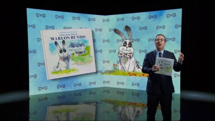 John Oliver on HBO's 'Last Week Tonight' promoting his spoof book 'Last Week Tonight with John Oliver Presents A Day in the Life of Marlon Bundo' on March 18, 2018.