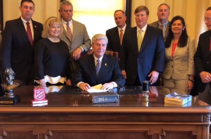 Mississippi Governor Phil Bryant signing House Bill 1510 into law on Monday, March 19, 2018. The new law bans most abortions after 15 weeks gestation, making it the strictest abortion law in the nation.