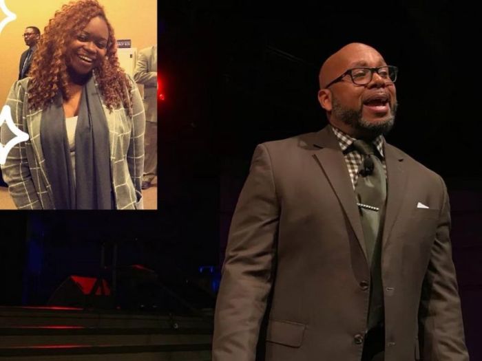 Leader of the Potter's House of Fort Worth in Texas, Patrick E. Winfield II, and the Audrey Stevenson, 22 (inset), a formed church volunteer who says she was assaulted at the church on Sunday March 25, 2018.
