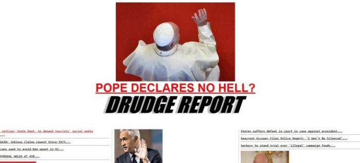 The front page of Drudge Report on Thursday, March 29, 2018, showcasing a link to an article claiming that Pope Francis had denied the existence of Hell.
