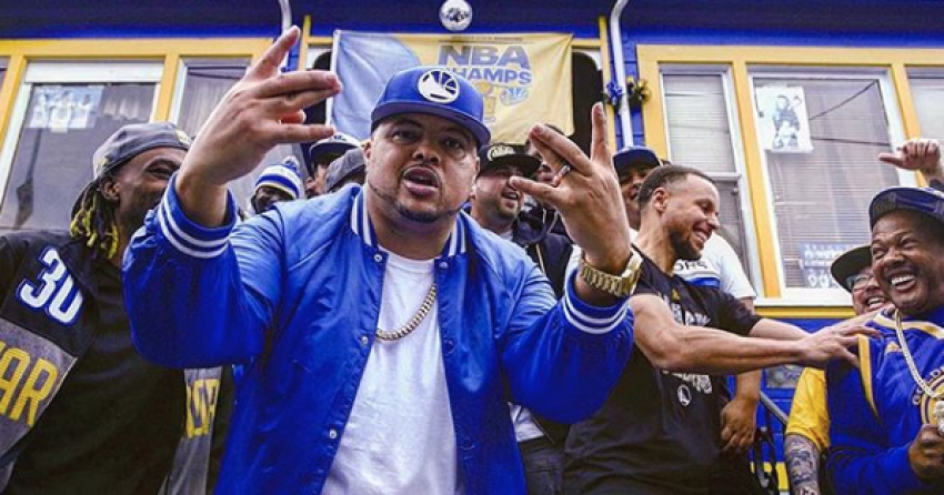 Bizzle, Steph Curry and others on the set of the upcoming Warrior athemn, "Winning," March 15, 2018.