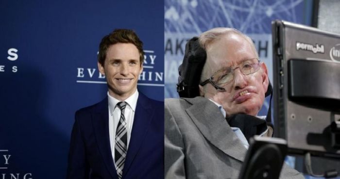 (L) Eddie Redmayne in this undated photo; (R) Physicist Stephen Hawking sits on stage during an announcement of the Breakthrough Starshot initiative with investor Yuri Milner in New York April 12, 2016.