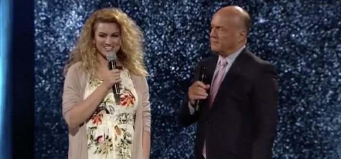 Tori Kelly and Greg Laurie at Harvest Christian Fellowship, Riverside, California, April 1, 2018.