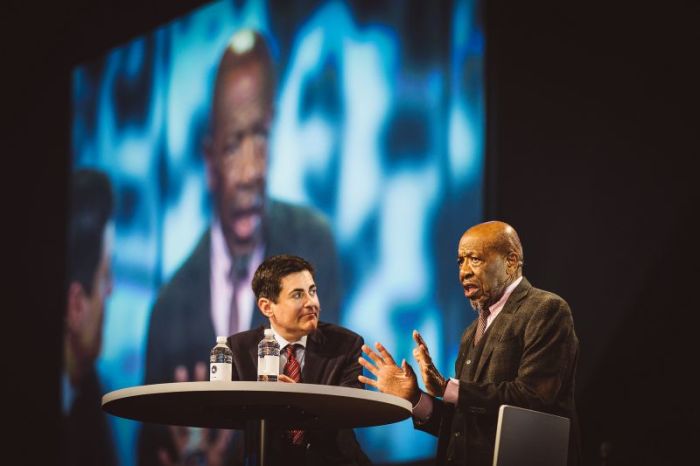 John Perkins (R), one of the leading evangelical voices to come out of the American civil rights movement, is interviewed by ERLC President Russell Moore (L) at the MLK50 conference in Memphis, Tennessee, April 3, 2018.