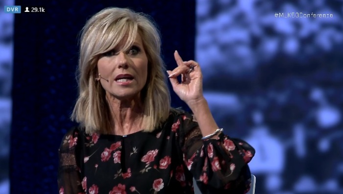 Bible teacher and author Beth Moore speaks during a panel discussion at the MLK 50 Conference in Memphis, Tennessee on April 4, 2018.