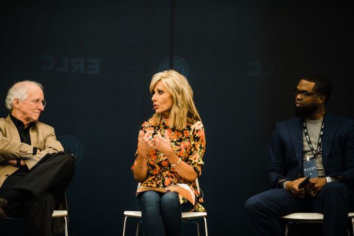 Bible teacher and author Beth Moore speaks during a panel discussion at the MLK 50 Conference in Memphis, Tennessee, on April 4, 2018.
