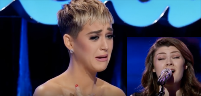 Katy Perry reacts to singer Shannon O'Hara singing 'Unconditionally' on season 16 of American Idol, Los Angeles, April 2, 2018.