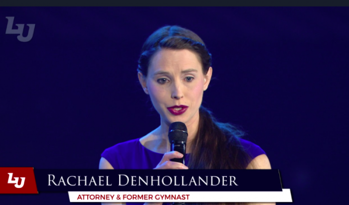 Rachael Denhollander, the first woman to publicly accuse USA Gymnastics doctor Larry Nassar of sexually abusing her as a teenager, speaks at Liberty University, April 2018.